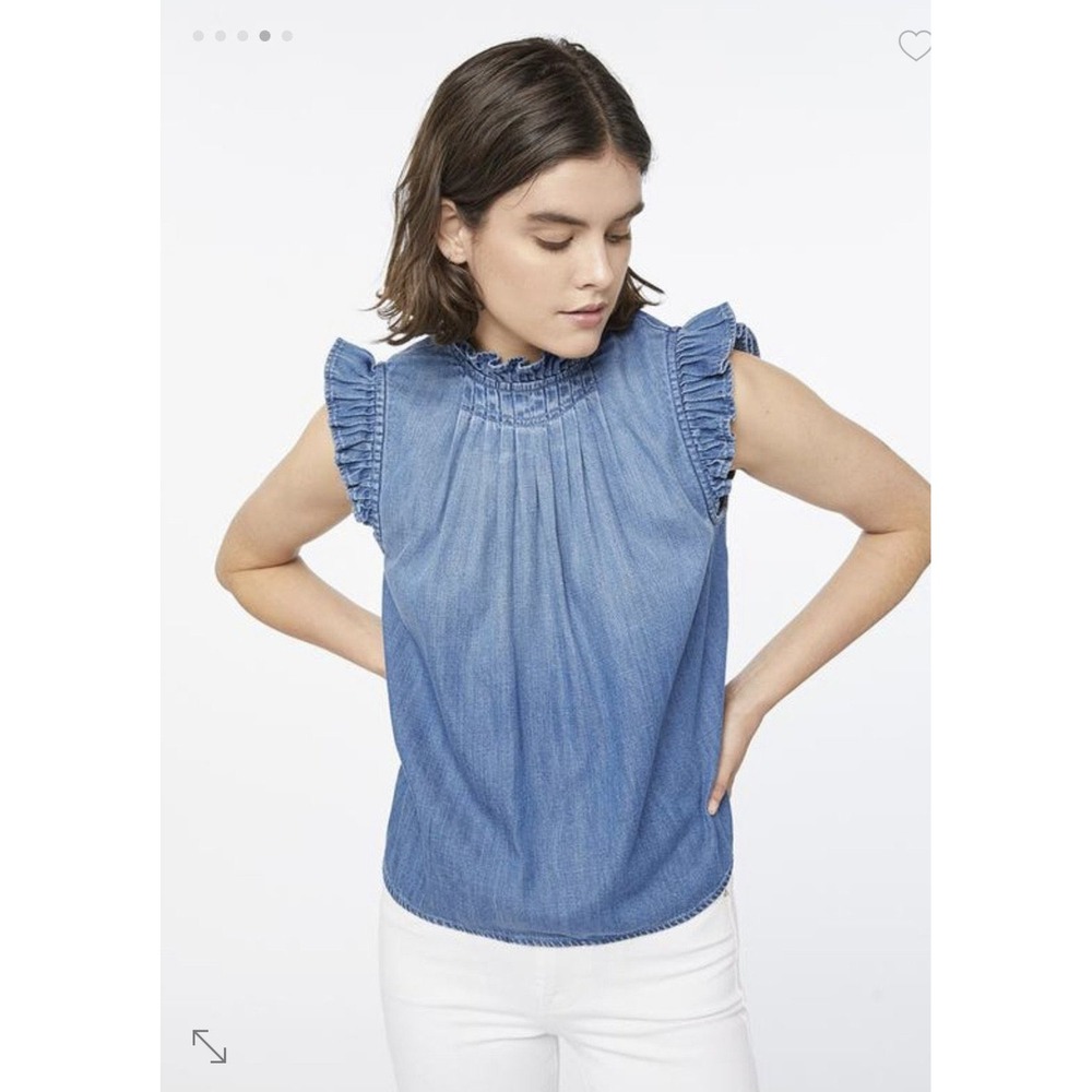 FRAME Joanie Ruffle Denim Top Women Small Joanie Wash LWSH1675 Sleeveless
